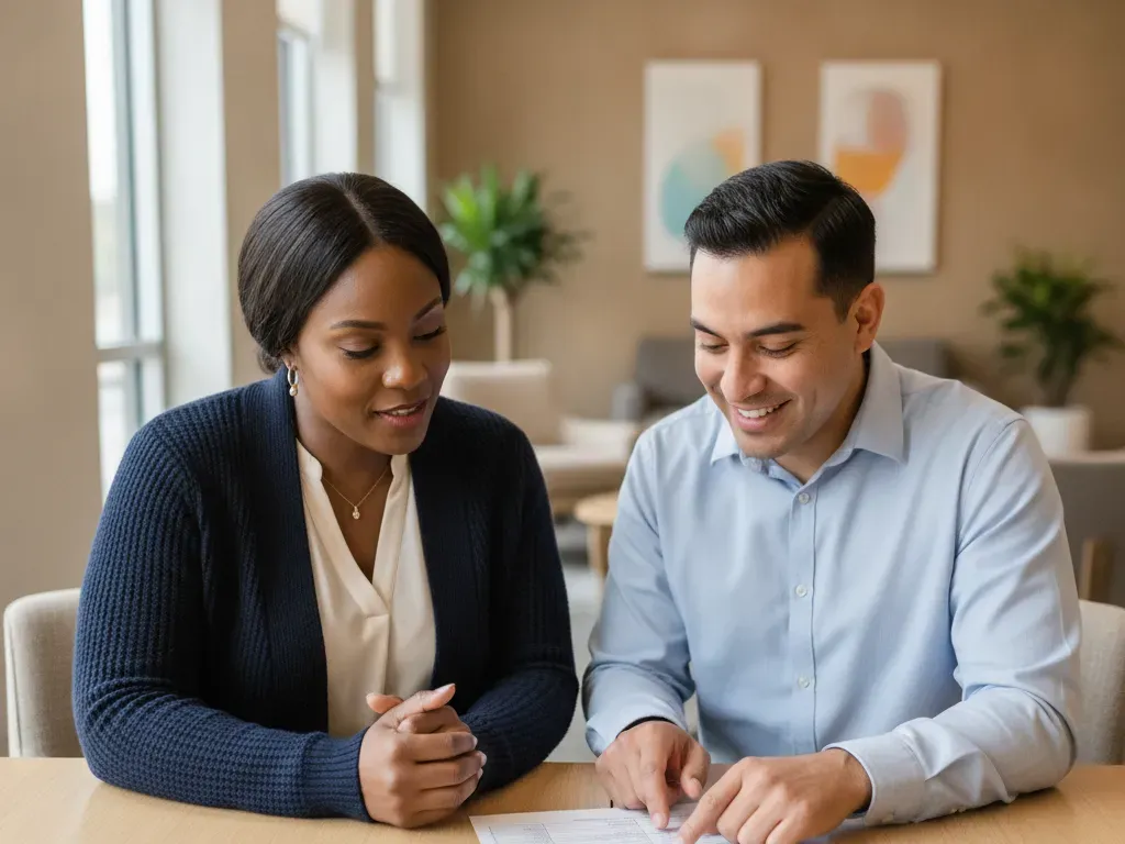A financial coach and a client smile as they go over a printed budget together at a table.