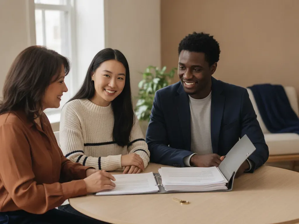 A young couple and a homebuying coach review a folder of paperwork at a round table, a house key beside it.