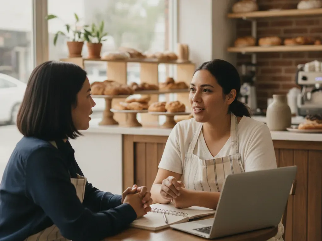 A bakery owner in an apron talks through a plan with a business coach at a table inside her shop.