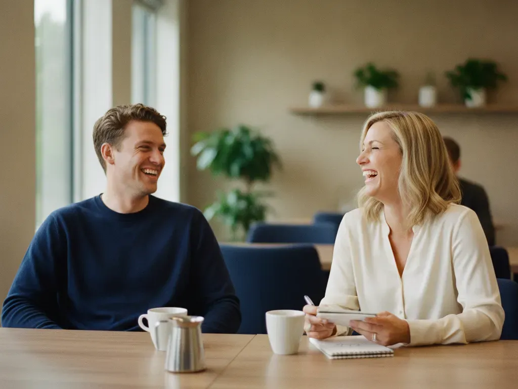 An employee and a financial coach share a laugh over coffee in a bright break room.